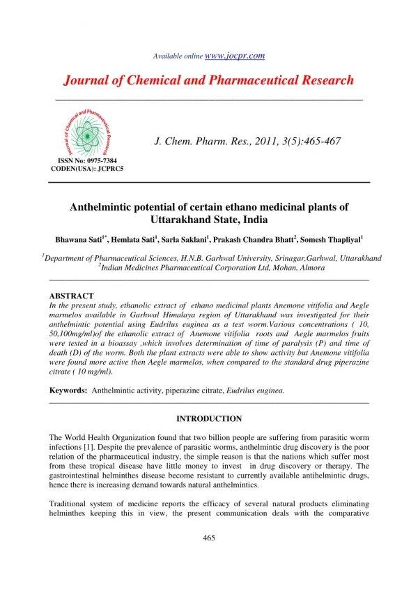 Anthelmintic potential of certain ethano medicinal plants of Uttarakhand State, India