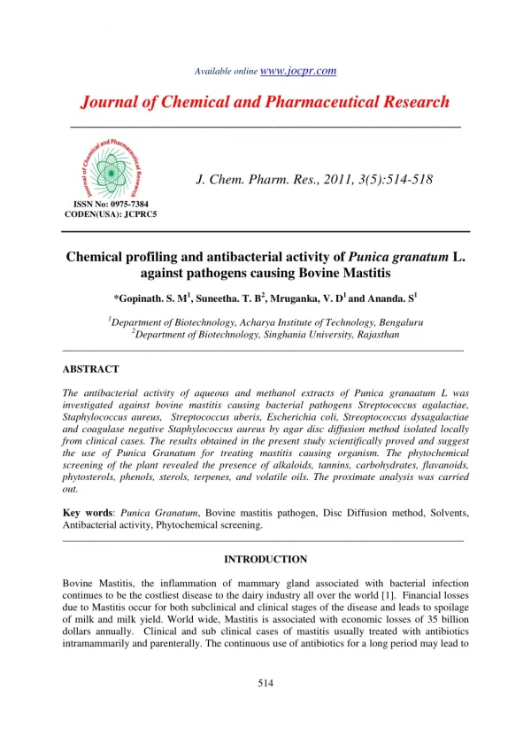 Chemical profiling and antibacterial activity of Punica granatum L. against pathogens causing Bovine Mastitis