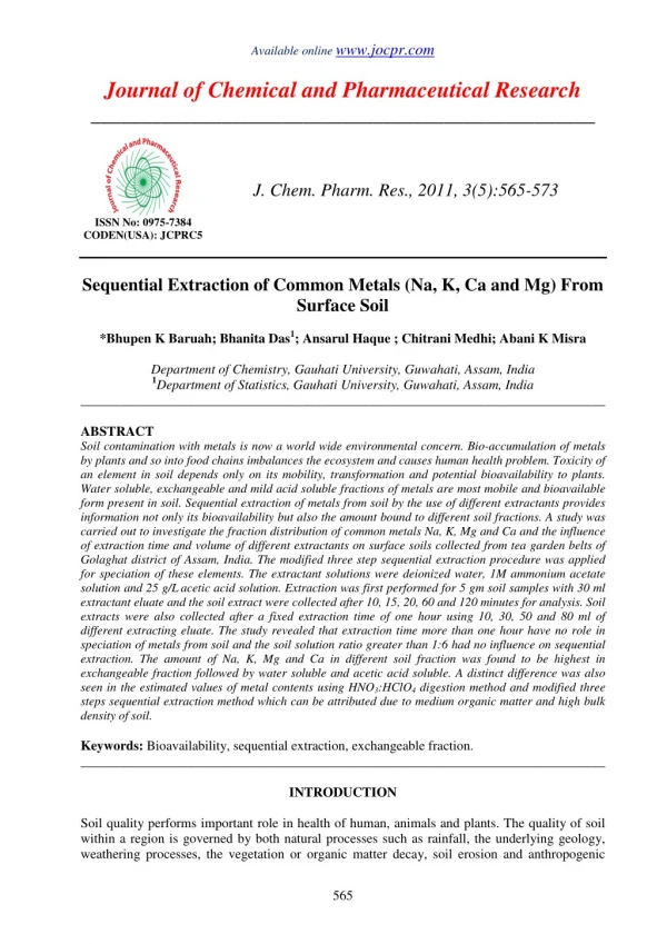 Sequential Extraction of Common Metals (Na, K, Ca and Mg) From Surface Soil