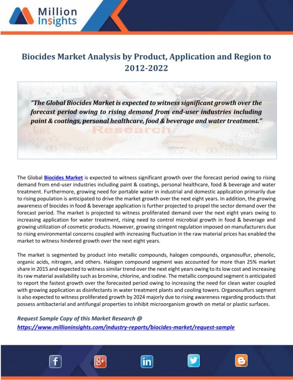 Biocides Market Analysis by Product, Application and Region to 2012-2022