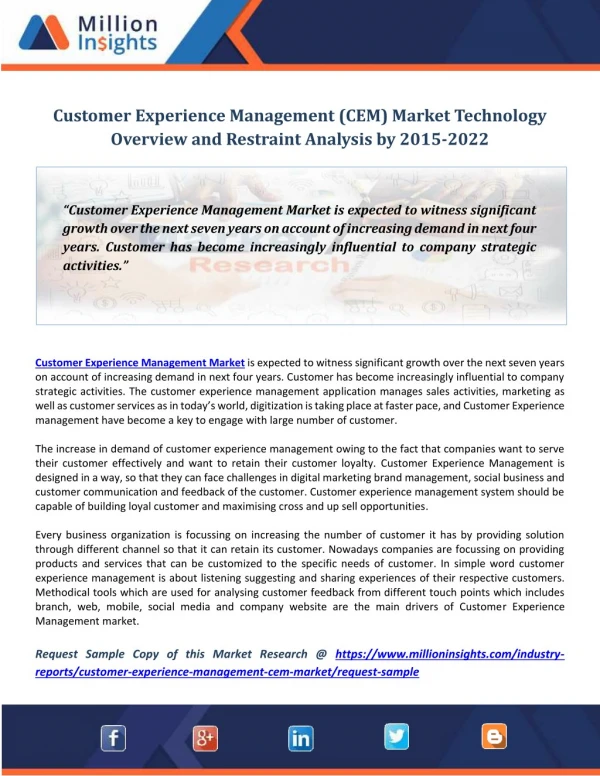 Customer Experience Management (CEM) Market Technology Overview and Restraint Analysis by 2015-2022