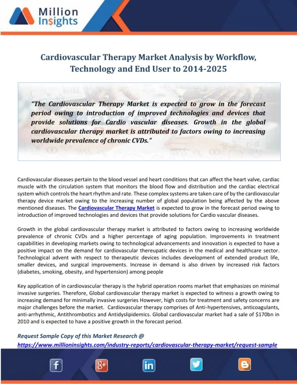 Cardiovascular Therapy Market Analysis by Workflow, Technology and End User to 2014-2025