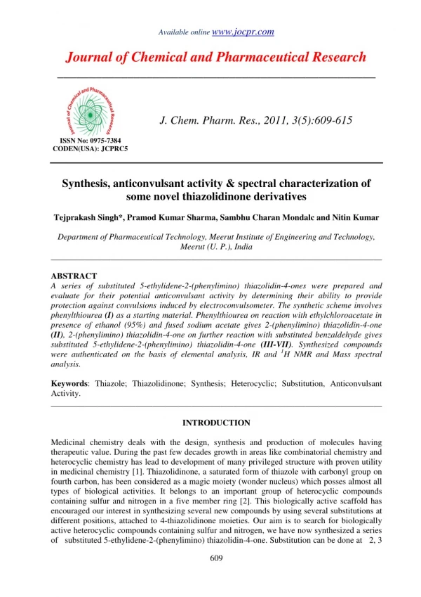 Synthesis, anticonvulsant activity & spectral characterization of some novel thiazolidinone derivatives