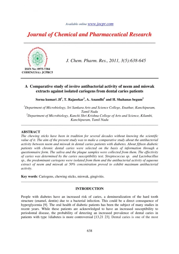 A Comparative study of invitro antibacterial activity of neem and miswak extracts against isolated cariogens from dental