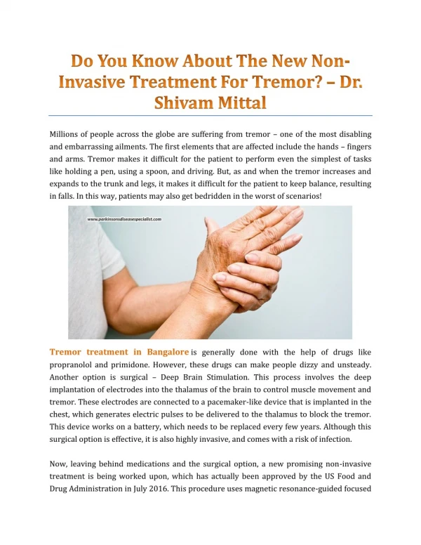 Do You Know About The New Non-Invasive Treatment For Tremor? - Dr. Shivam Mittal