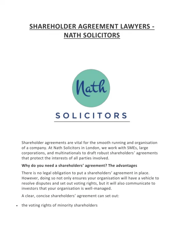 SHAREHOLDER AGREEMENT LAWYERS - NATH SOLICITORS