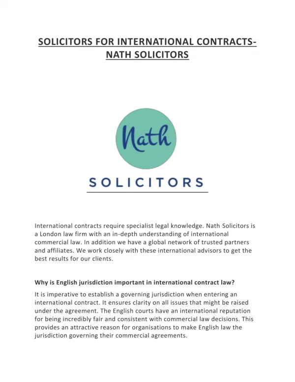 SOLICITORS FOR INTERNATIONAL CONTRACTS-NATH SOLICITORS