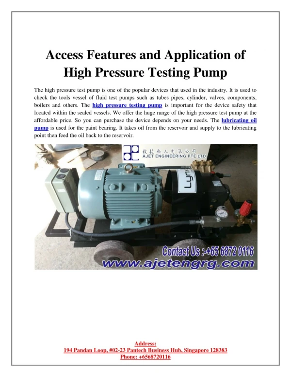 Access Features and Application of High Pressure Testing Pump
