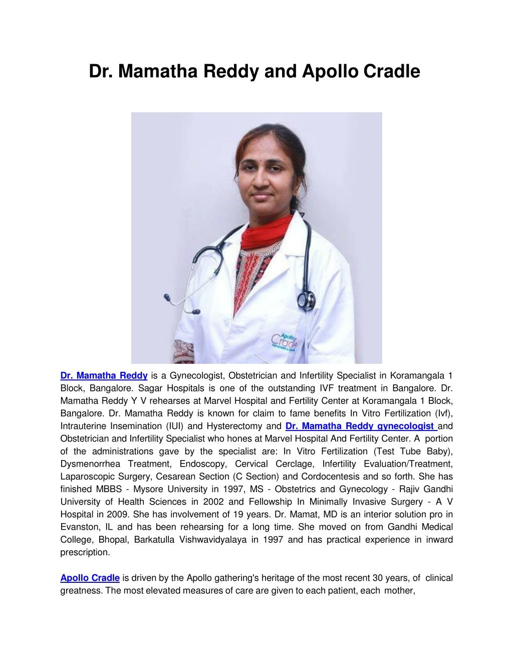 dr mamatha reddy and apollo cradle