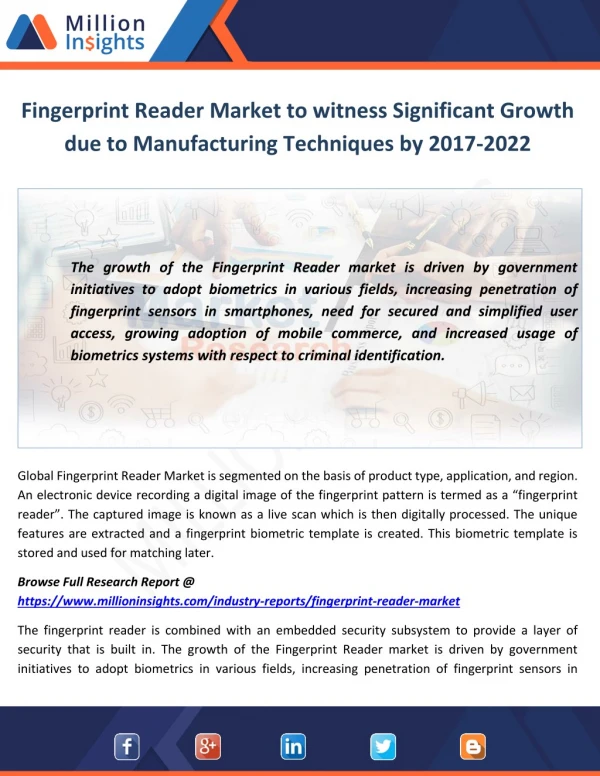 Fingerprint Reader Market to witness Significant Growth due to Manufacturing Techniques by 2017-2022
