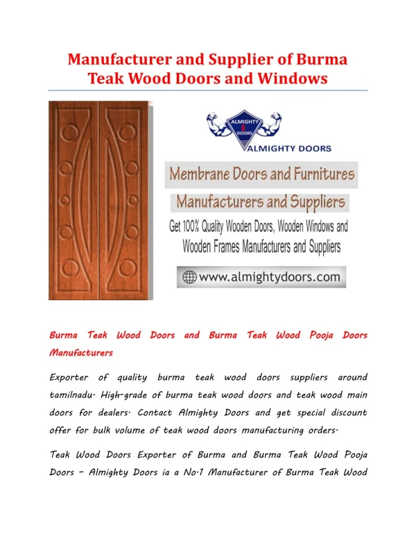 Burma Teak Wood Doors and Burma Teak Wood Pooja Doors Manufacturers