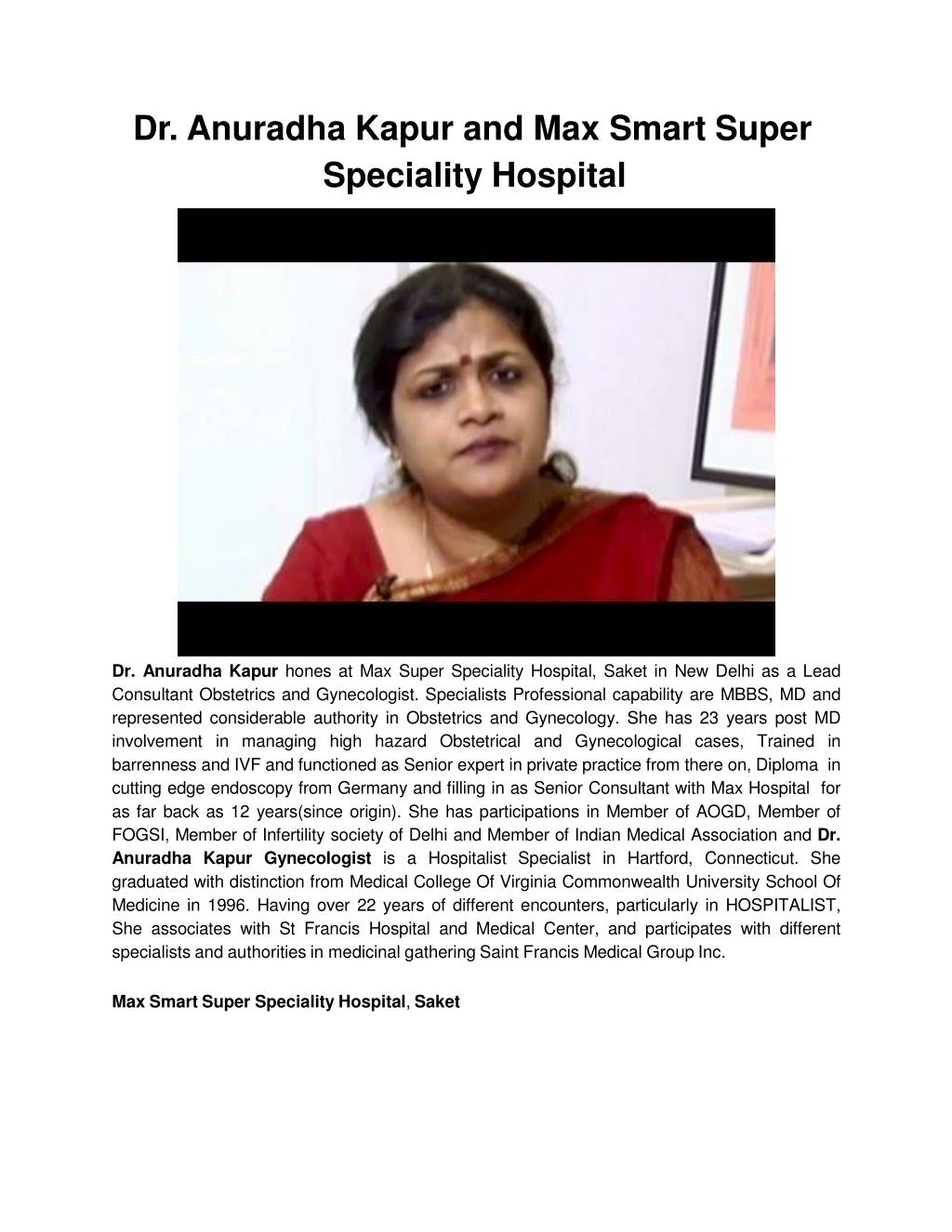 dr anuradha kapur and max smart super speciality