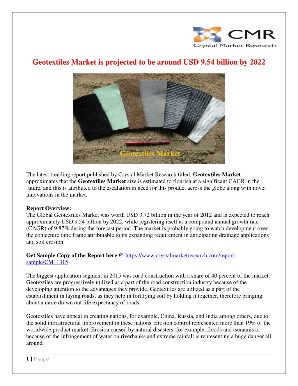 geotextiles market is projected to be around