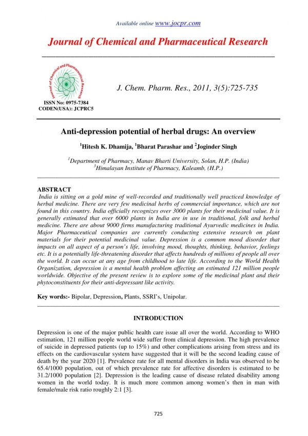 Anti-depression potential of herbal drugs: An overview