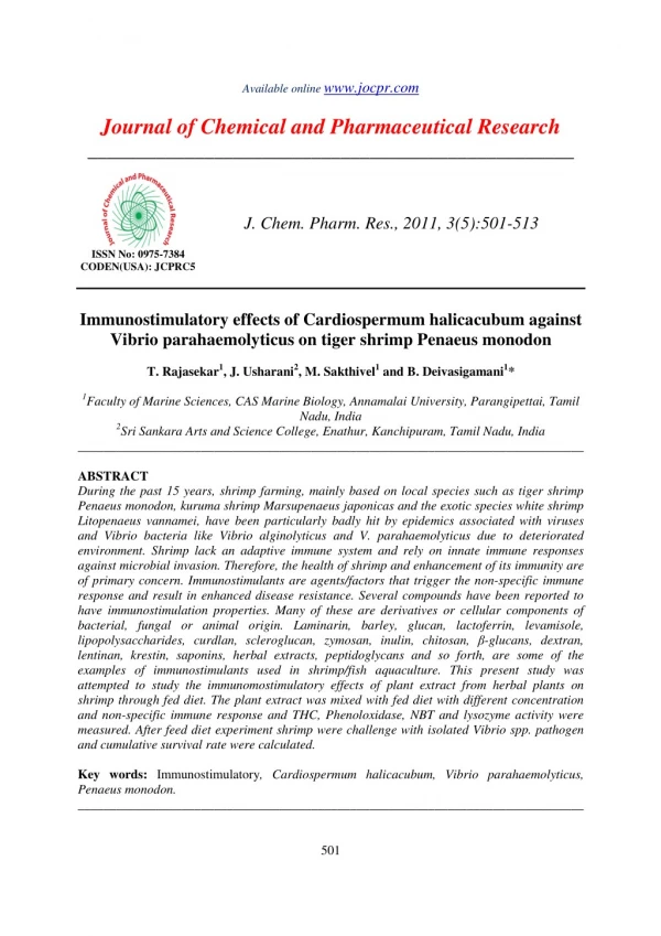 Immunostimulatory effects of Cardiospermum halicacubum against Vibrio parahaemolyticus on tiger shrimp Penaeus monodon