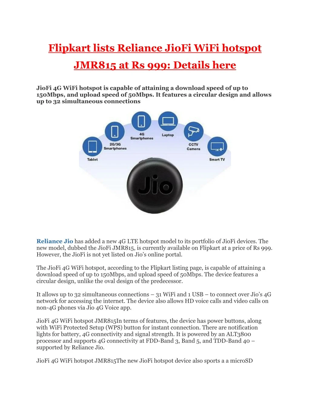 flipkart lists reliance jiofi wifi hotspot