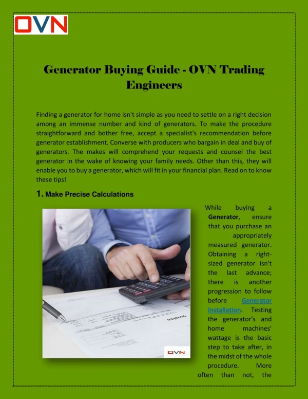 How to pick the perfect generator for your home- By OVN Trading Engineers