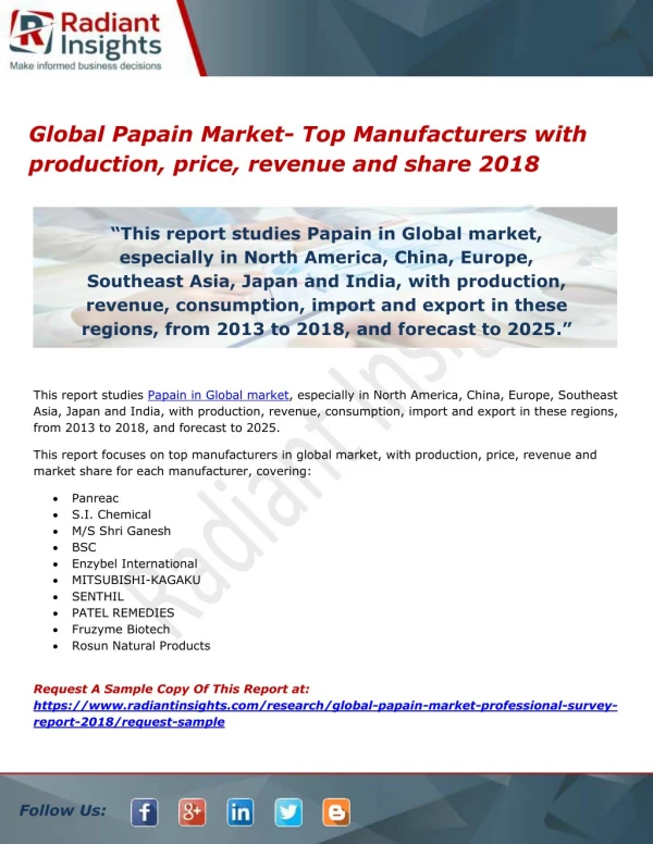 Global Papain Market- Top Manufacturers with production, price, revenue and share 2018