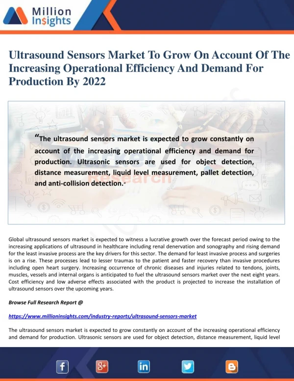 Ultrasound Sensors Market To Grow On Account Of The Increasing Operational Efficiency And Demand For Production By 2022