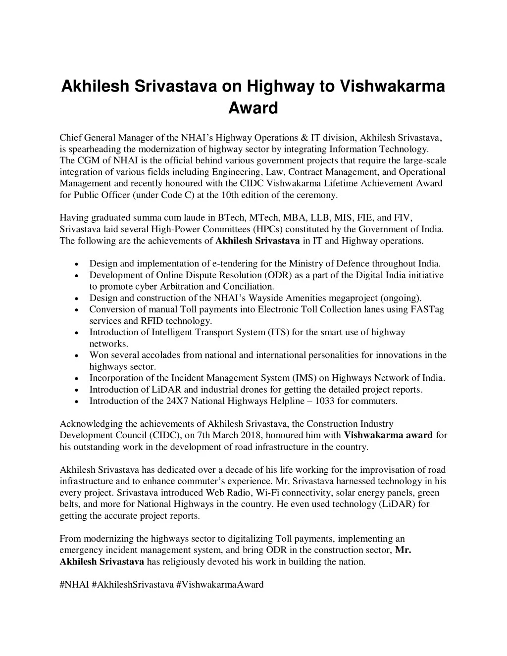 akhilesh srivastava on highway to vishwakarma