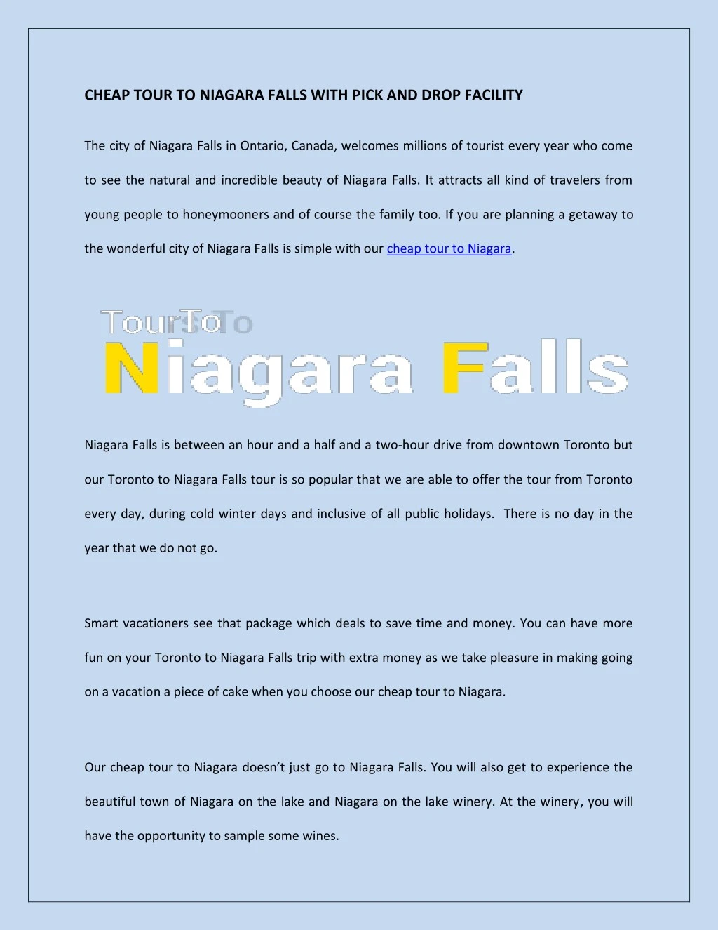 cheap tour to niagara falls with pick and drop