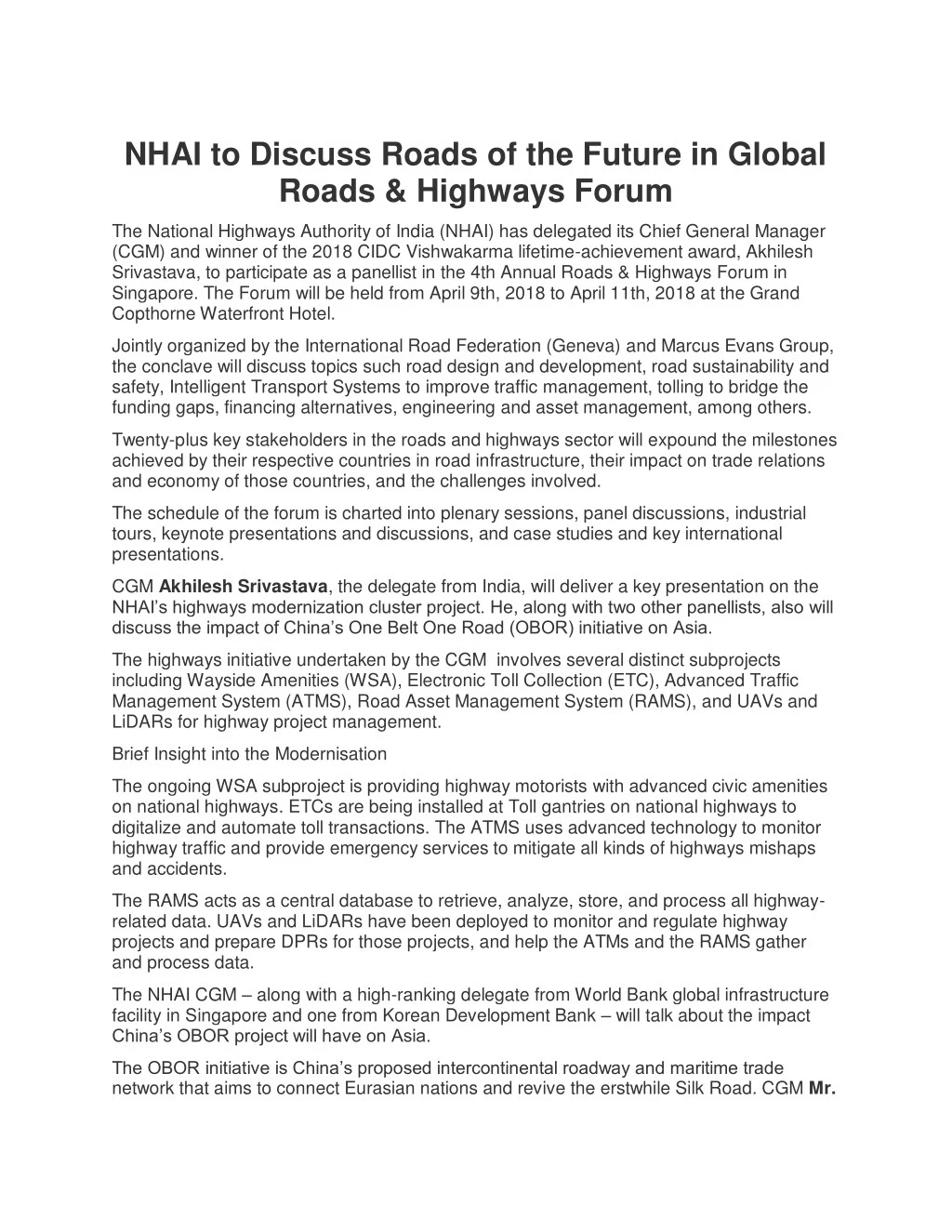 PPT NHAI to Discuss Roads of the Future in Global Roads & Highways