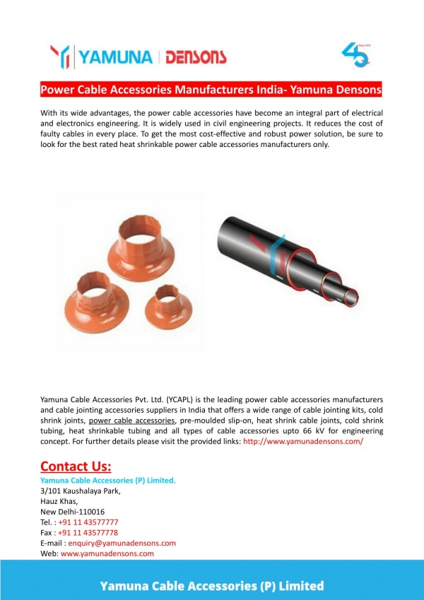Power Cable Accessories Manufacturers India- Yamuna Densons