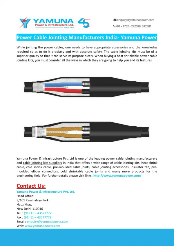 Power Cable Jointing Manufacturers India- Yamuna Power