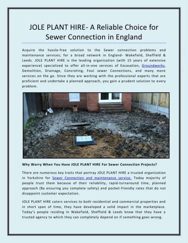 JOLE PLANT HIRE- A Reliable Choice For Sewer Connection In England