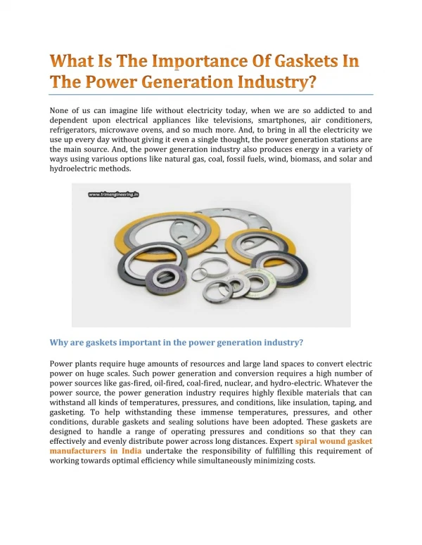 What Is The Importance Of Gaskets In The Power Generation Industry? - Trim Engineering Services