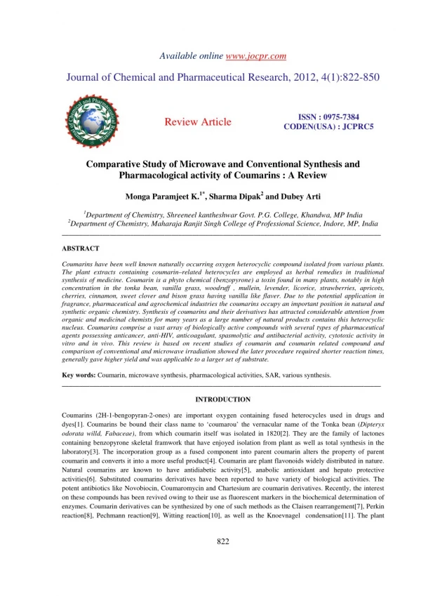 Comparative Study of Microwave and Conventional Synthesis and Pharmacological activity of Coumarins : A Review