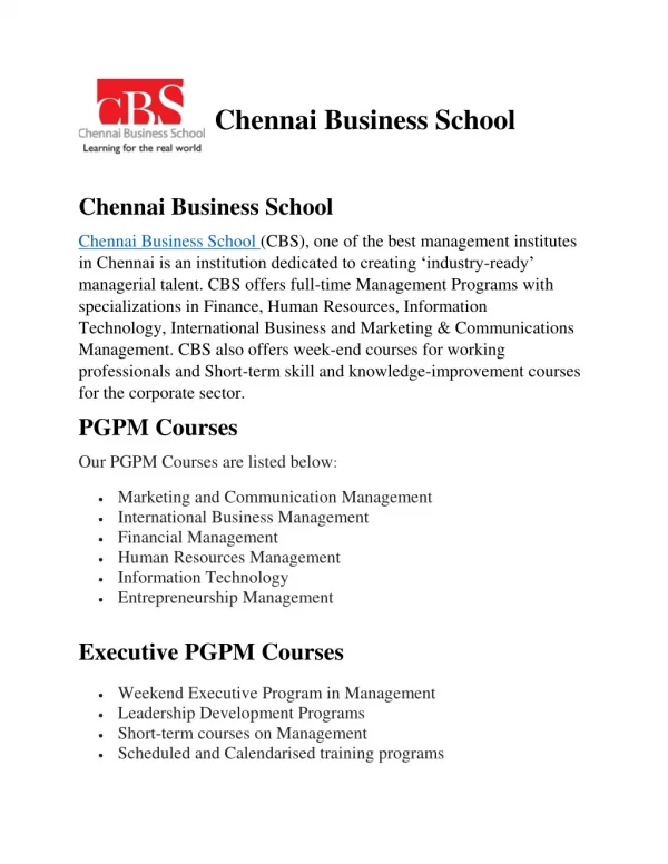 Best PGPM Courses in Chennai- Chennai Business School