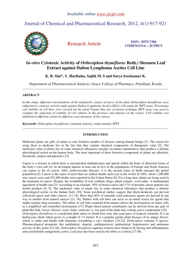 In-vitro Cytotoxic Activity of Orthosiphon thymiflorus Roth.) Sleensen Leaf Extract against Dalton Lymphoma Ascites Cell