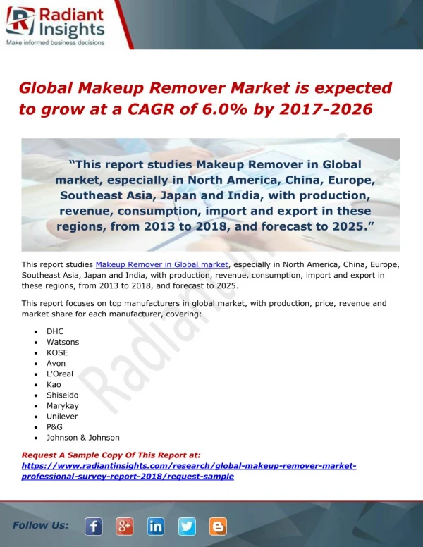 Global Makeup Remover Market is expected to grow at a CAGR of 6.0% by 2017-2026