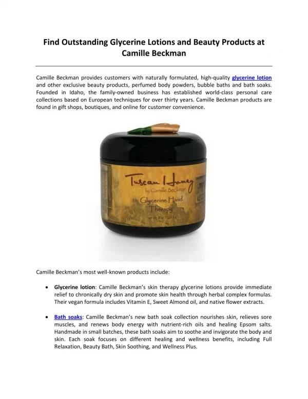 Find Outstanding Glycerine Lotions and Beauty Products at Camille Beckman