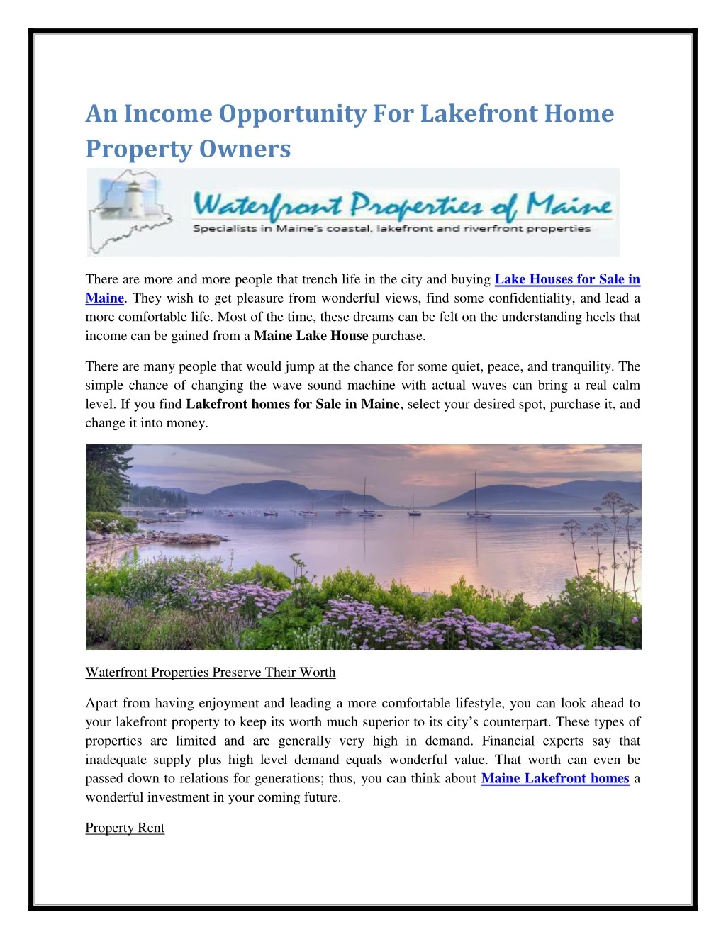 an income opportunity for lakefront home property