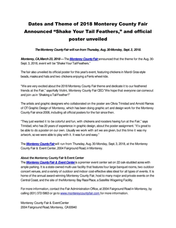 Dates and Theme of 2018 Monterey County Fair Announced “Shake Your Tail Feathers,” and official poster unveiled