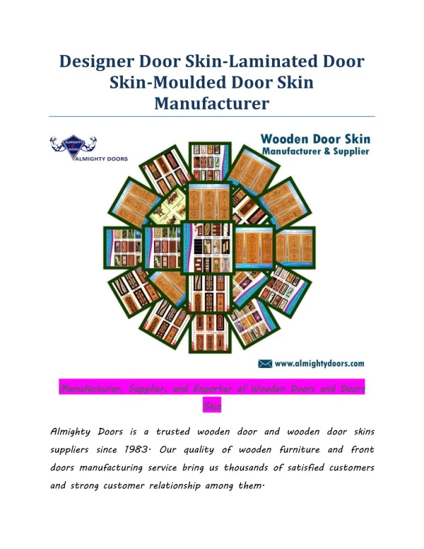 Manufacturer, Supplier and Exporter of Wooden Doors and Doors Skin