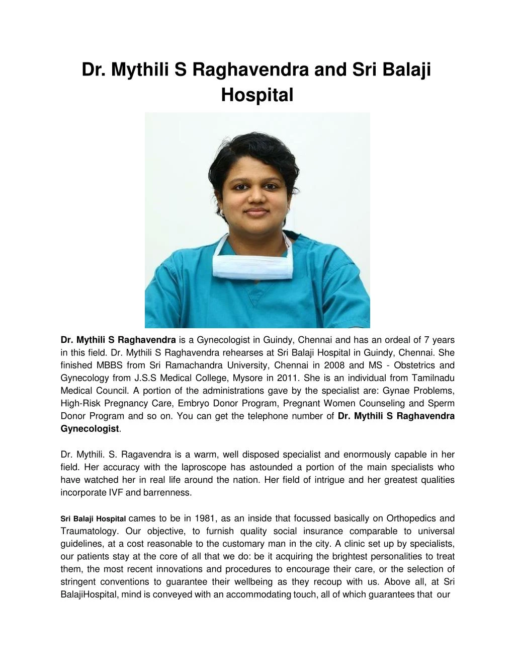 dr mythili s raghavendra and sri balaji hospital