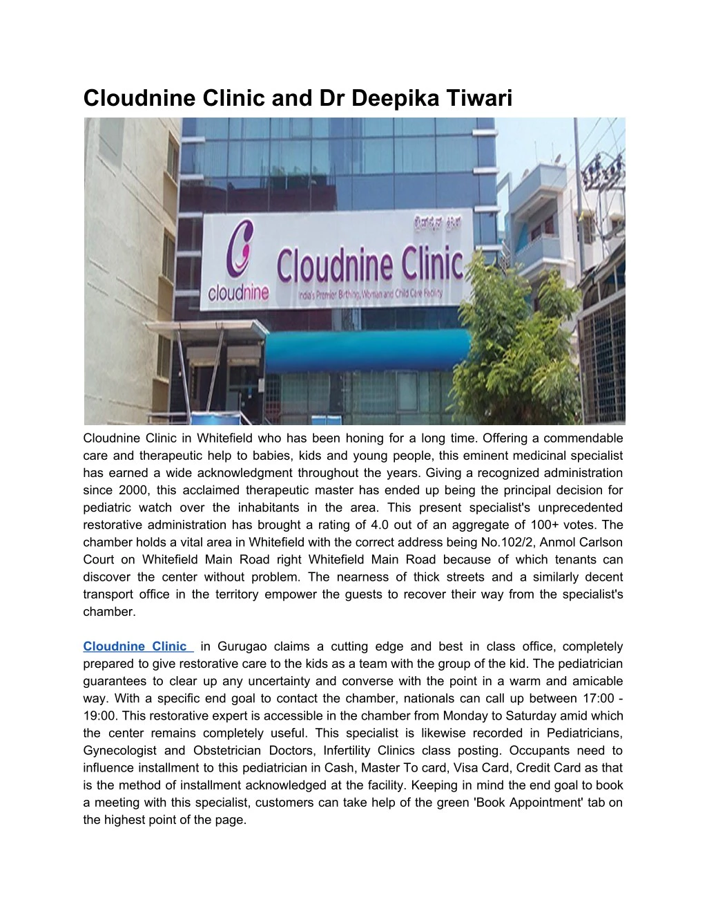 cloudnine clinic and dr deepika tiwari