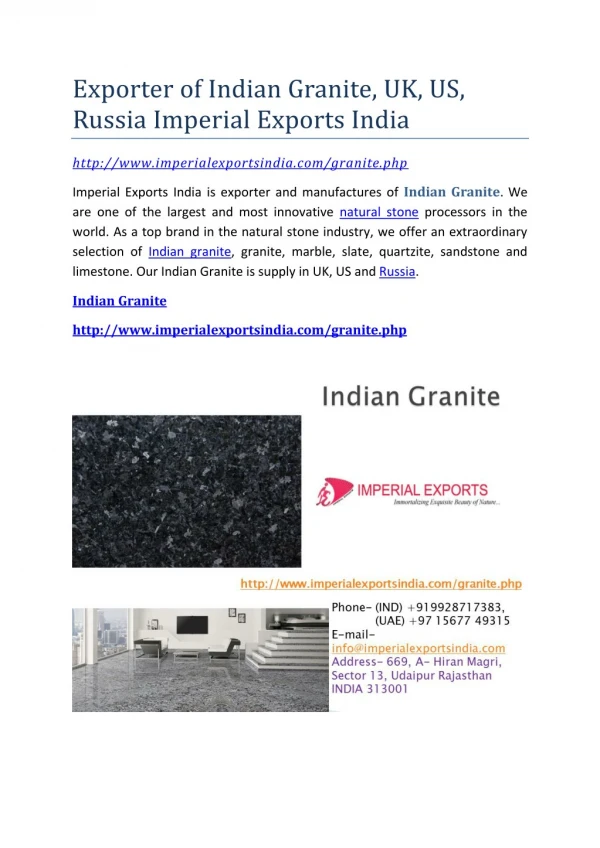 Exporter of Indian Granite, UK, US, Russia Imperial Exports India