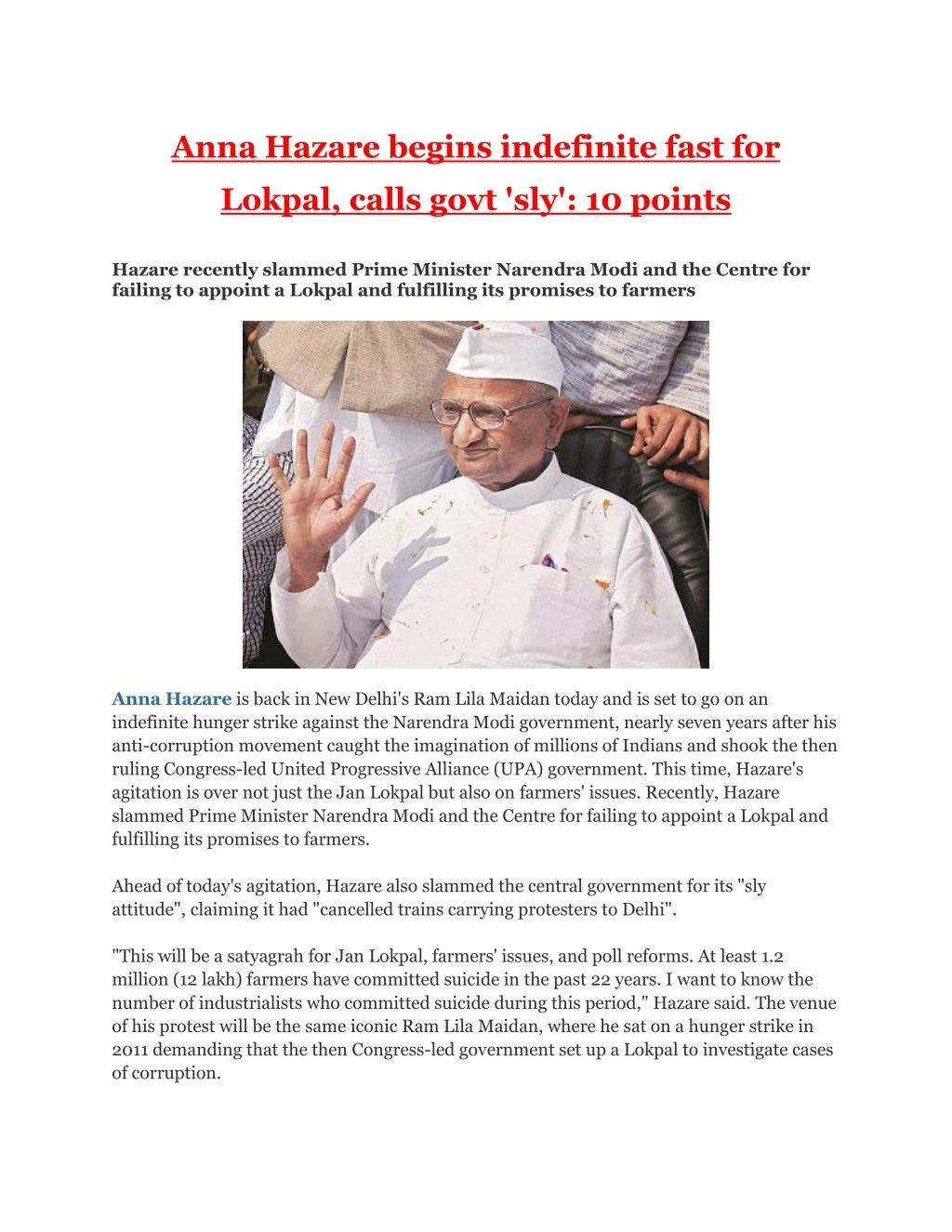 anna hazare begins indefinite fast for