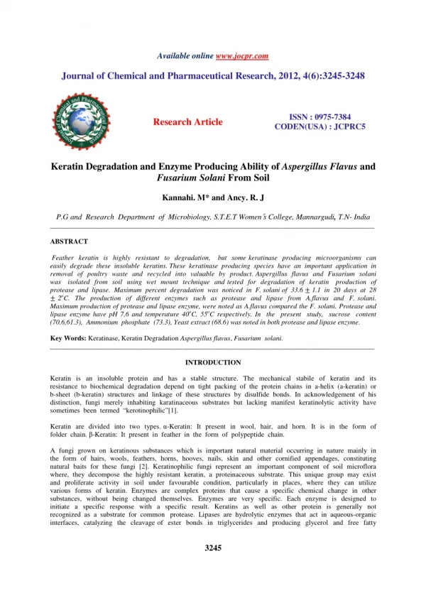 Keratin Degradation and Enzyme Producing Ability of Aspergillus Flavus and Fusarium Solani From Soil