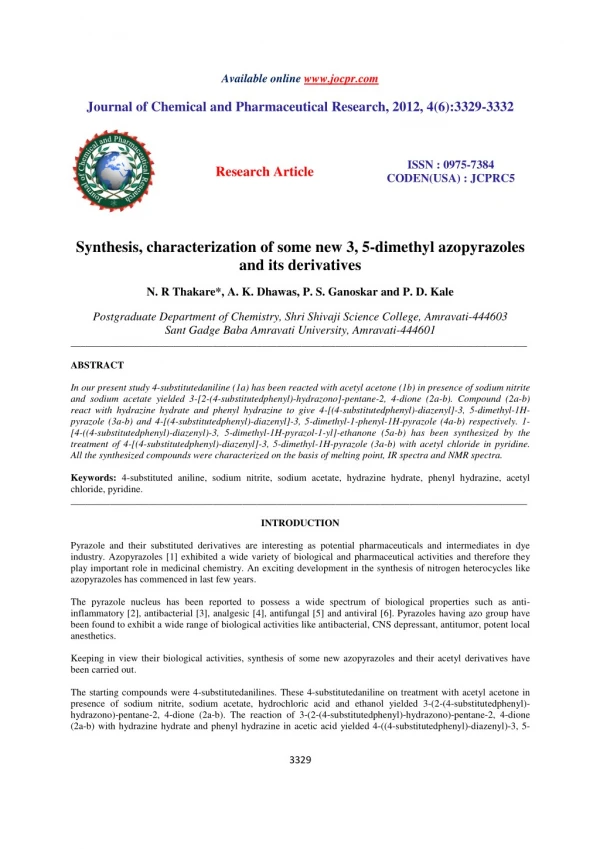 Synthesis, characterization of some new 3, 5-dimethyl azopyrazoles and its derivatives