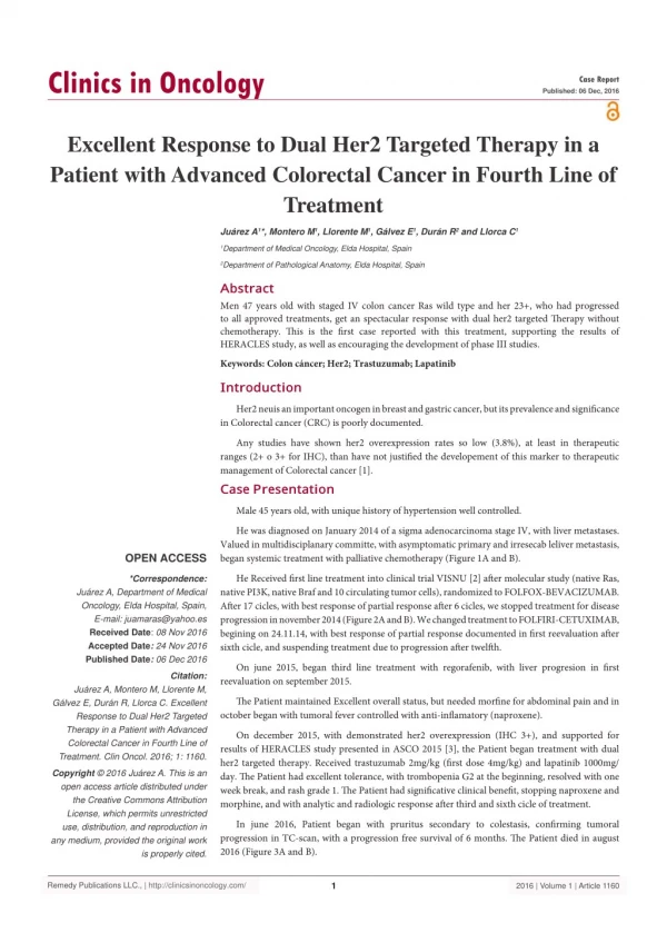 Excellent Response to Dual Her2 Targeted Therapy in a Patient with Advanced Colorectal Cancer in Fourth Line of Treatmen