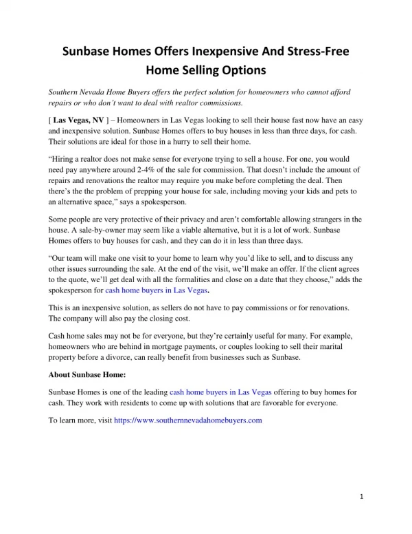 Sunbase Homes Offers Inexpensive And Stress-Free Home Selling Options