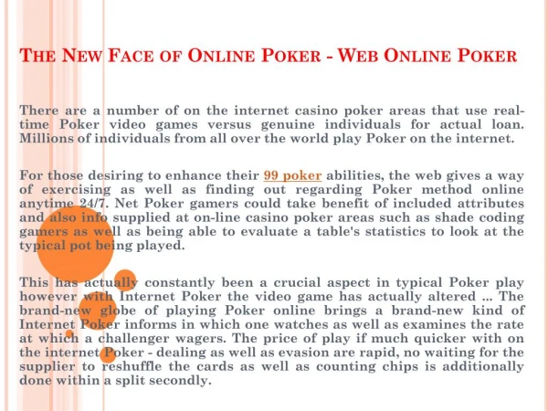 The New Face of Online Poker - Web Online Poker