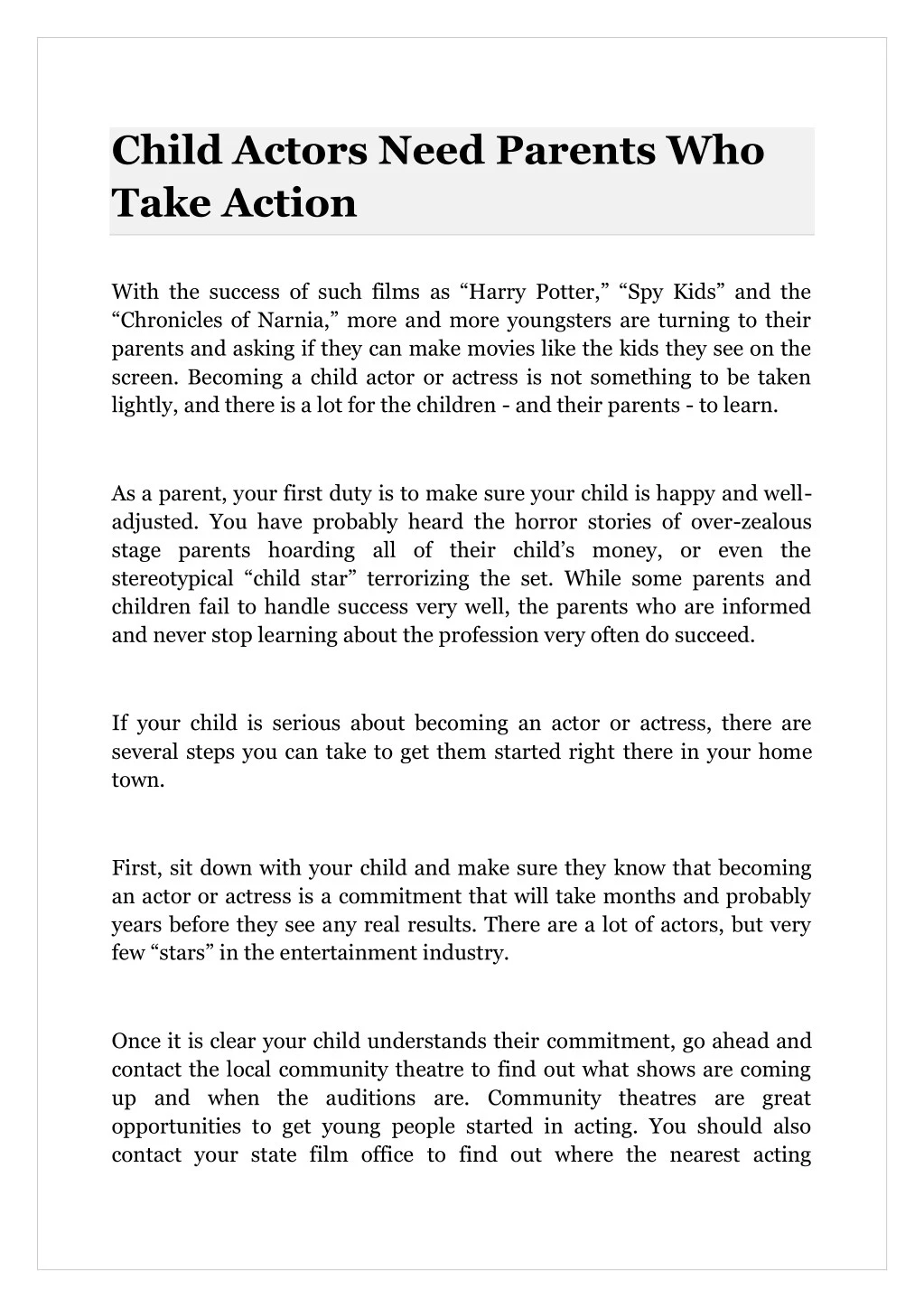 child actors need parents who take action