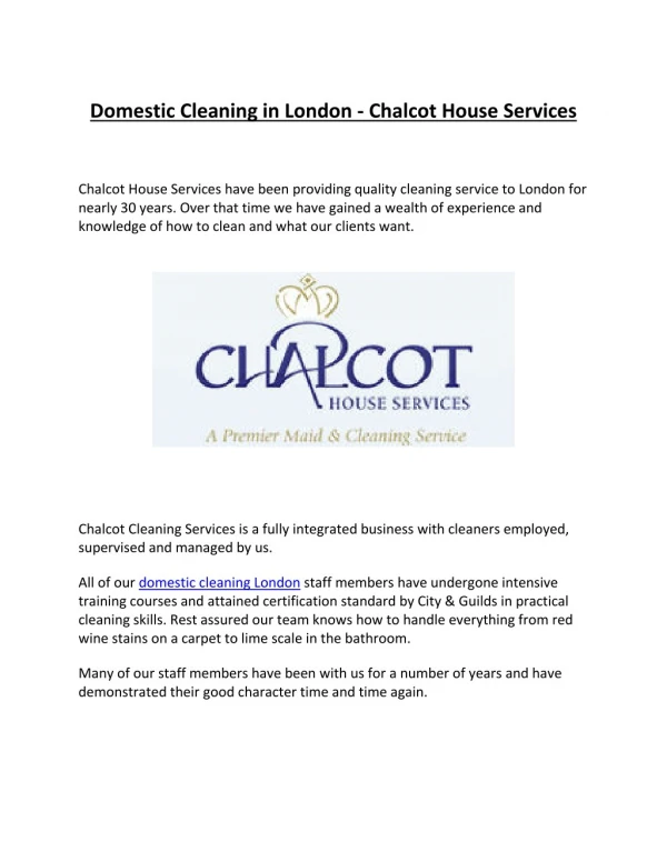 Domestic Cleaning in London - Chalcot House Services