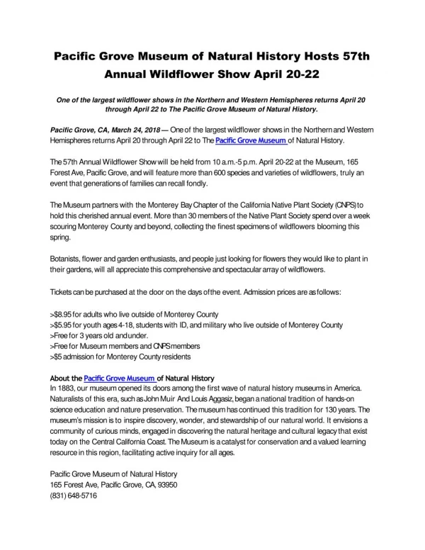 Pacific Grove Museum of Natural History Hosts 57th Annual Wildflower Show April 20-22